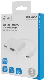 DELTACO USB-C docking station, HDMI/VGA/USB-C, 100W USB-C PD 3.0, whit