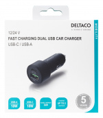 DELTACO USB car charger, 1x USB-C, PD 18 W, 1x USB-A, 18 W, 36W, metal DELTACO USB car charger, 1x USB-C, PD 18 W, 1x USB-A, 18 W, 36W, metal