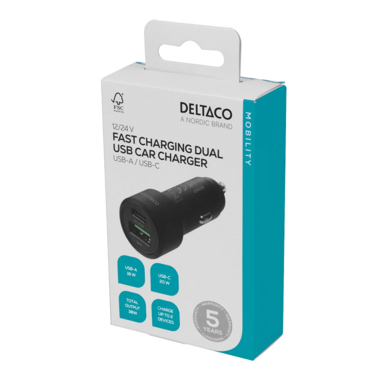 DELTACO USB car charger, 1x USB-C, PD 18 W, 1x USB-A, 18 W, 36W, metal DELTACO USB car charger, 1x USB-C, PD 18 W, 1x USB-A, 18 W, 36W, metal