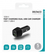 DELTACO USB car charger, 1x USB-C, PD 18 W, 1x USB-A, 18 W, total 36 W DELTACO USB car charger, 1x USB-C, PD 18 W, 1x USB-A, 18 W, total 36 W