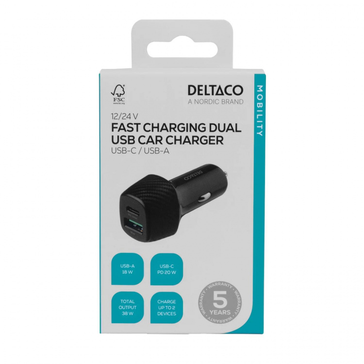 DELTACO USB car charger, 1x USB-C, PD 18 W, 1x USB-A, 18 W, total 36 W DELTACO USB car charger, 1x USB-C, PD 18 W, 1x USB-A, 18 W, total 36 W