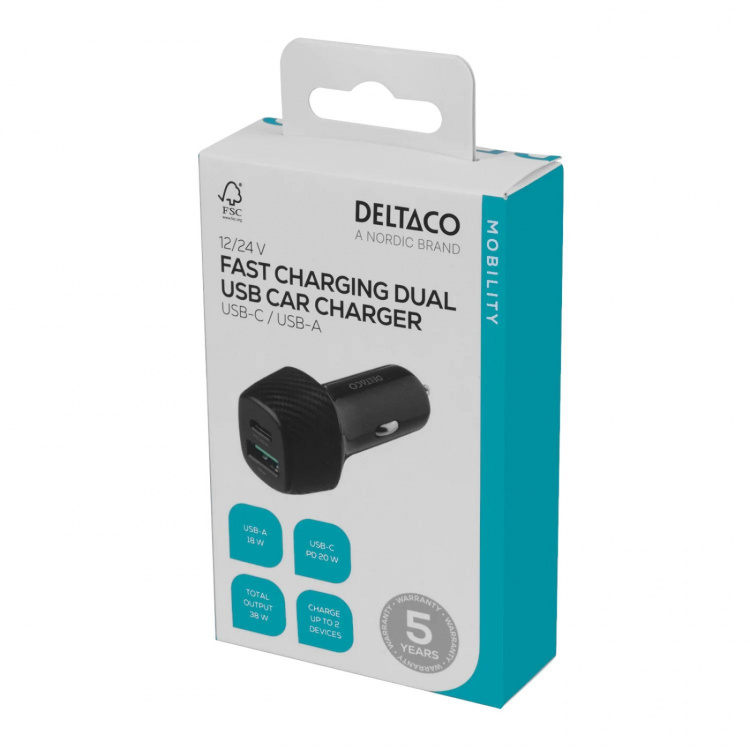 DELTACO USB car charger, 1x USB-C, PD 18 W, 1x USB-A, 18 W, total 36 W DELTACO USB car charger, 1x USB-C, PD 18 W, 1x USB-A, 18 W, total 36 W