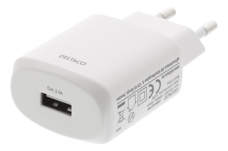 DELTACO USB wall charger, 2,4 A, 10 pcs, bulk