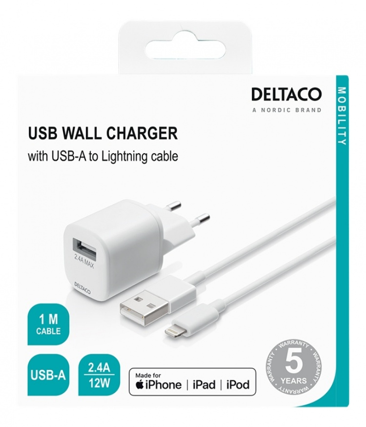 DELTACO USB wall charger, USB-A, 2,4 A, incl. 1 m USB-A to Lightning DELTACO USB wall charger, USB-A, 2,4 A, incl. 1 m USB-A to Lightning