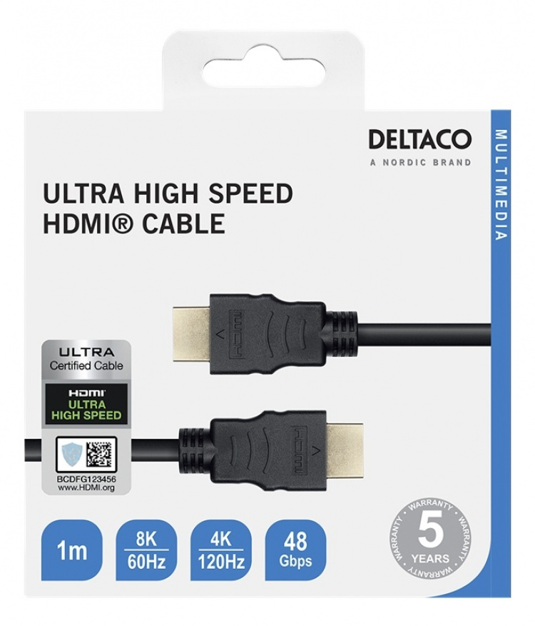 DELTACO ULTRA High Speed HDMI-kabel, 48Gbps, 1m, svart
