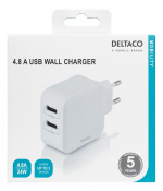 DELTACO Wall charger with dual USB-A ports, 4.8 A, 24 W, white DELTACO Wall charger with dual USB-A ports, 4.8 A, 24 W, white