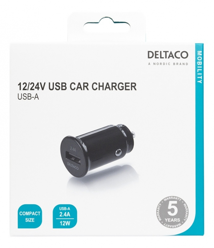 DELTACO 12/24 V USB car charger with compact size and 1x USB-A port, 2