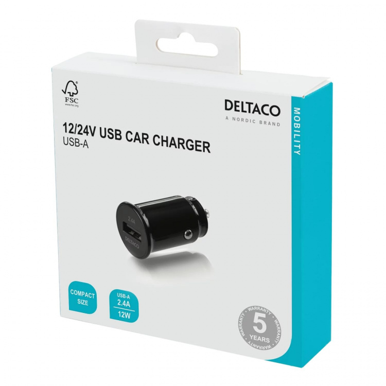 DELTACO 12/24 V USB car charger with compact size and 1x USB-A port, 2