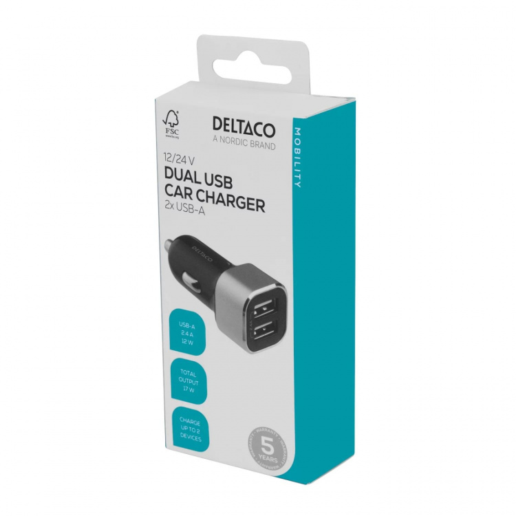 DELTACO USB car charger, 2x USB-A, 2,4 A, total 17 W DELTACO USB car charger, 2x USB-A, 2,4 A, total 17 W