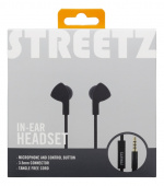 STREETZ in-ear headset, 1-button remote, 3.5mm, microphone, black