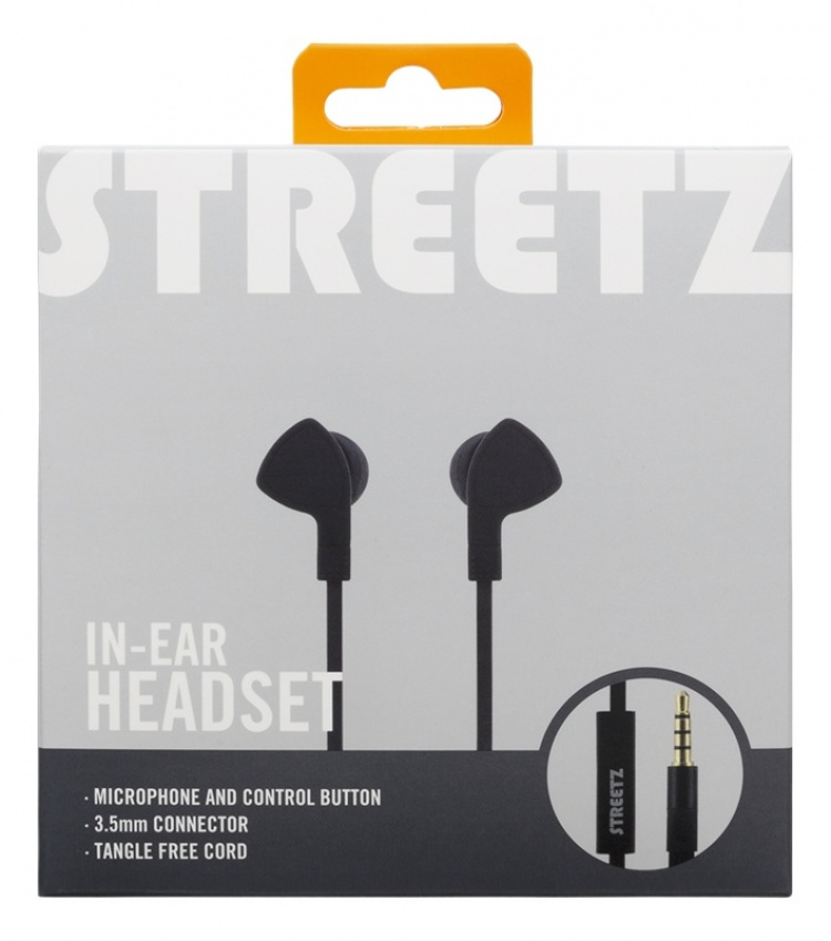 STREETZ in-ear headset, 1-button remote, 3.5mm, microphone, black