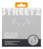 STREETZ stay-in-ear headset, 1-button remote, 3.5mm, microphone, white