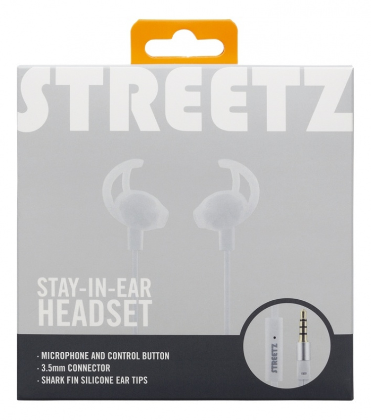 STREETZ stay-in-ear headset, 1-button remote, 3.5mm, microphone, white