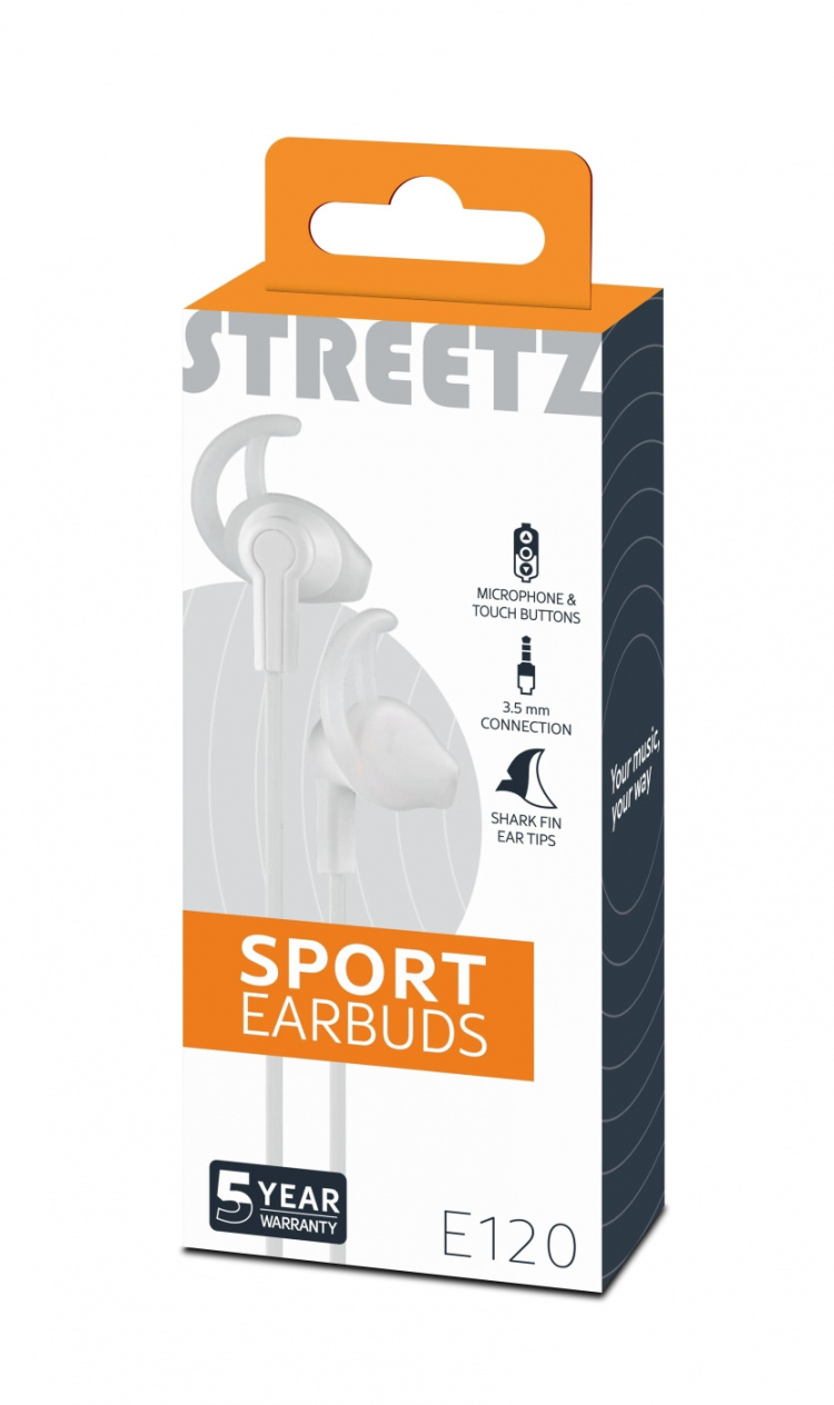 STREETZ stay-in-ear headset, 1-button remote, 3.5mm, microphone, white