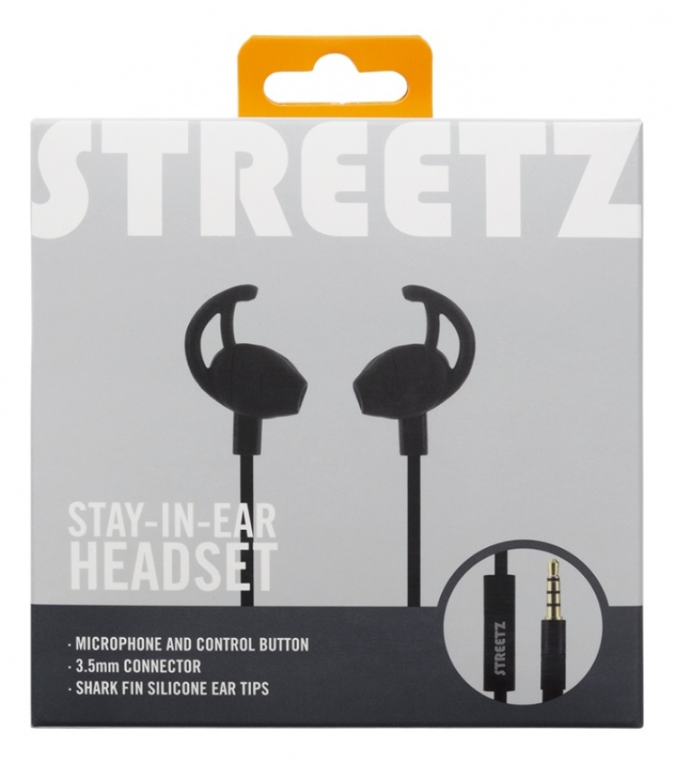 STREETZ stay-in-ear headset, 1-button remote, 3.5mm, microphone, black STREETZ stay-in-ear headset, 1-button remote, 3.5mm, microphone, black
