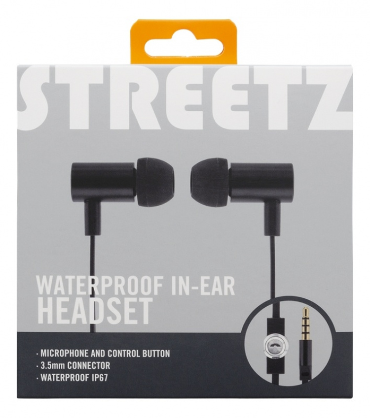 STREETZ in-ear headset, mikrofon, svarsknapp, 3,5mm, vattentäta, svart