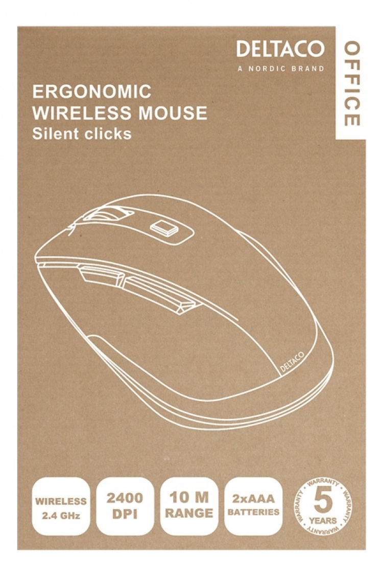 DELTACO Office ergonomic mouse, silent clicks, wireless 2.4G, 2400 DPI