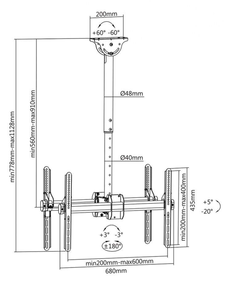 DELTACO Office Telescopische dubbele TV plafondbeugel, 560mm-910mm,45kg,37