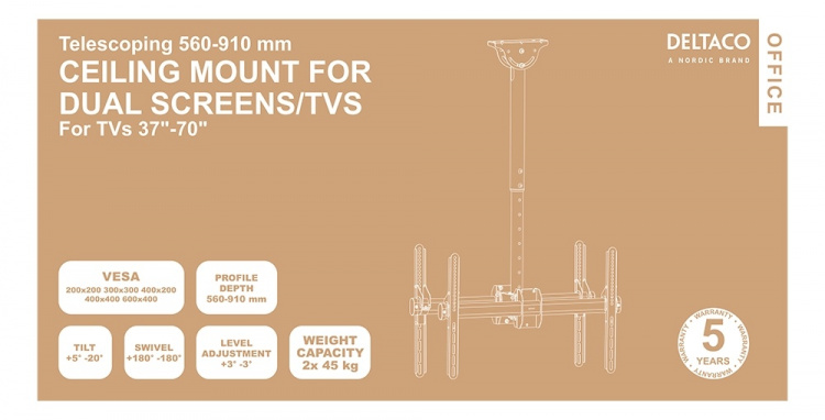 DELTACO Office Telescopische dubbele TV plafondbeugel, 560mm-910mm,45kg,37