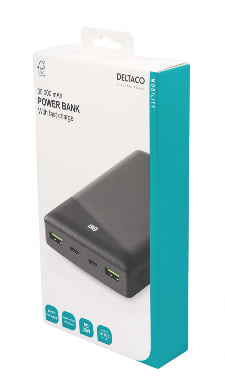 DELTACO Power bank 30 000 mAh, 1x USB-C, 2x USB-A, Fast charge, 111 Wh