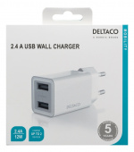 DELTACO USB wall charger, 2x USB-A, 2,4 A, total 12 W, white