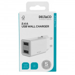 DELTACO USB wall charger, 2x USB-A, 2,4 A, total 12 W, white