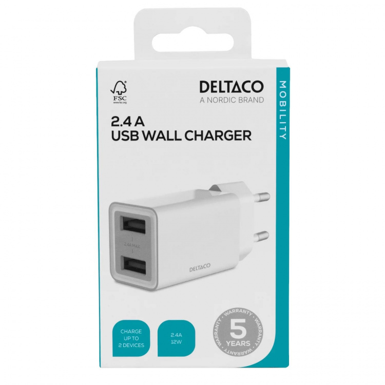 DELTACO USB wall charger, 2x USB-A, 2,4 A, total 12 W, white