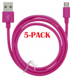 5-PAK USB-A kabel - MicroUSB 2.4A, 1m, Roze
