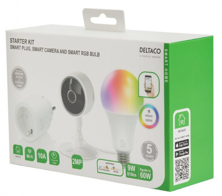DELTACO SMART HOME Starterkit met stekker, camera en RGB-lamp