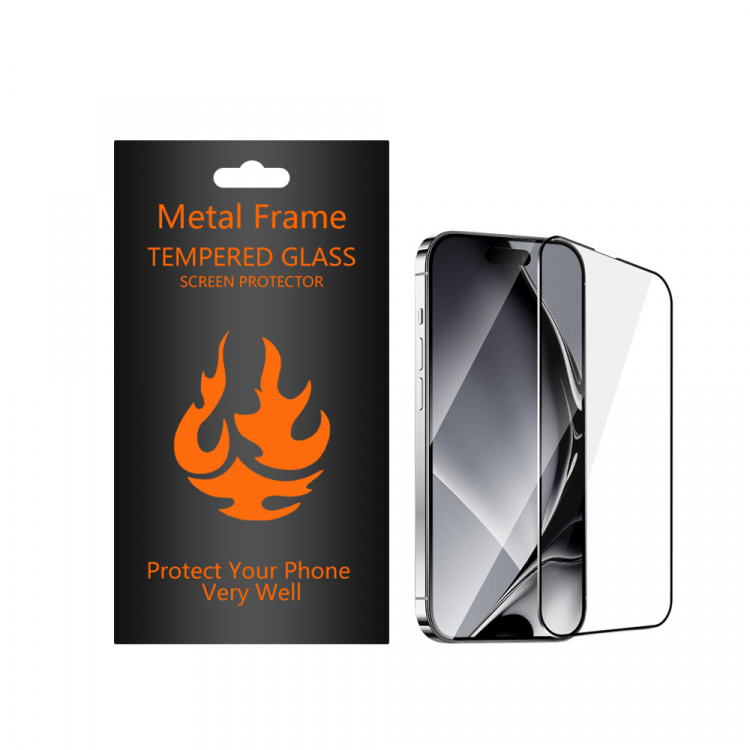 Schermbeschermer van gehard glas met metalen frame, iPhone 15 Schermbeschermer van gehard glas met metalen frame, iPhone 15