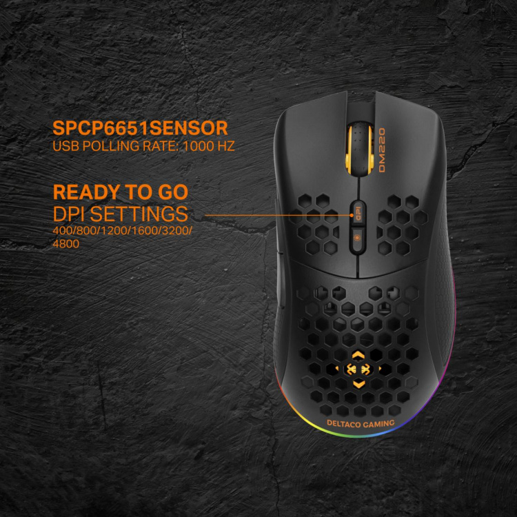 DELTACO GAMING DM220 Trådlös lättvikts gaming mus, RGB, svart