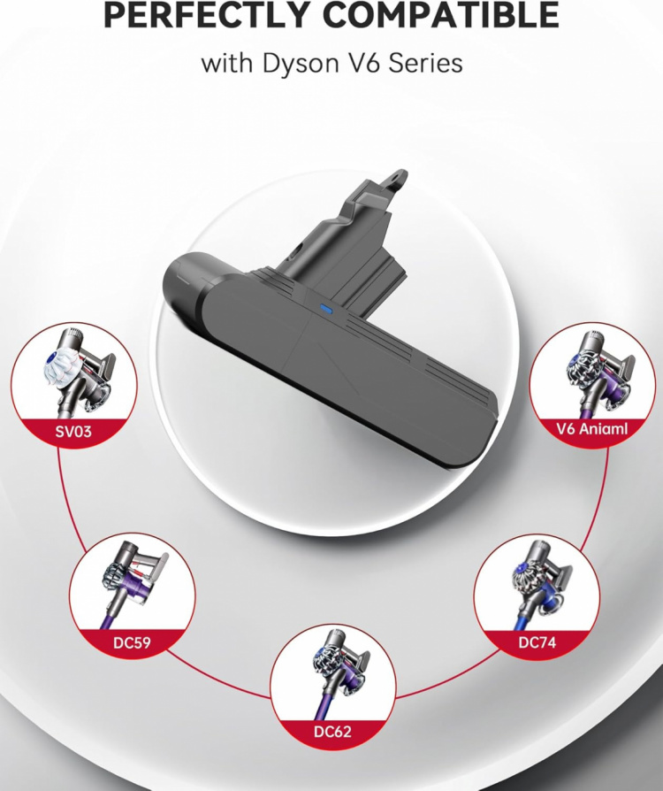 Batteri kompatibelt med Dyson V6 modeller, 21.6V, 2000mAh, 43.2Wh