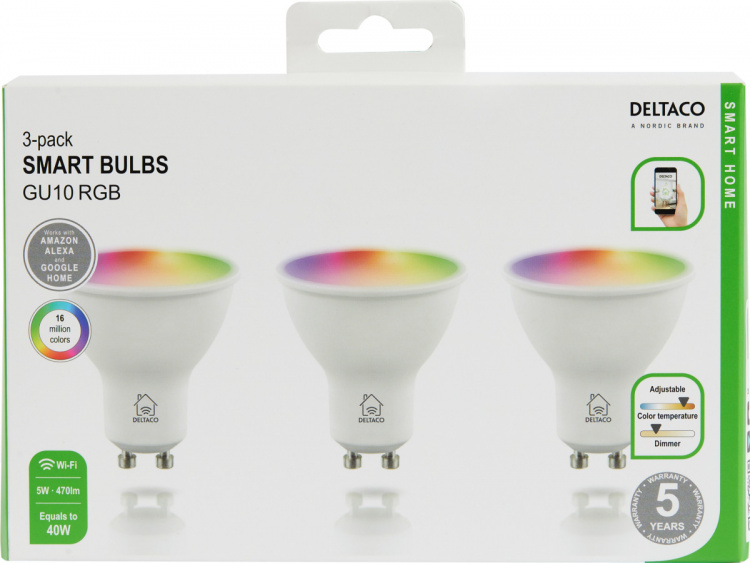DELTACO SMART HOME LED-lampa, 3-pack, GU10, WiFI 2,4GHz, 5W, 470lm, dimbar, 220-240V, RGB