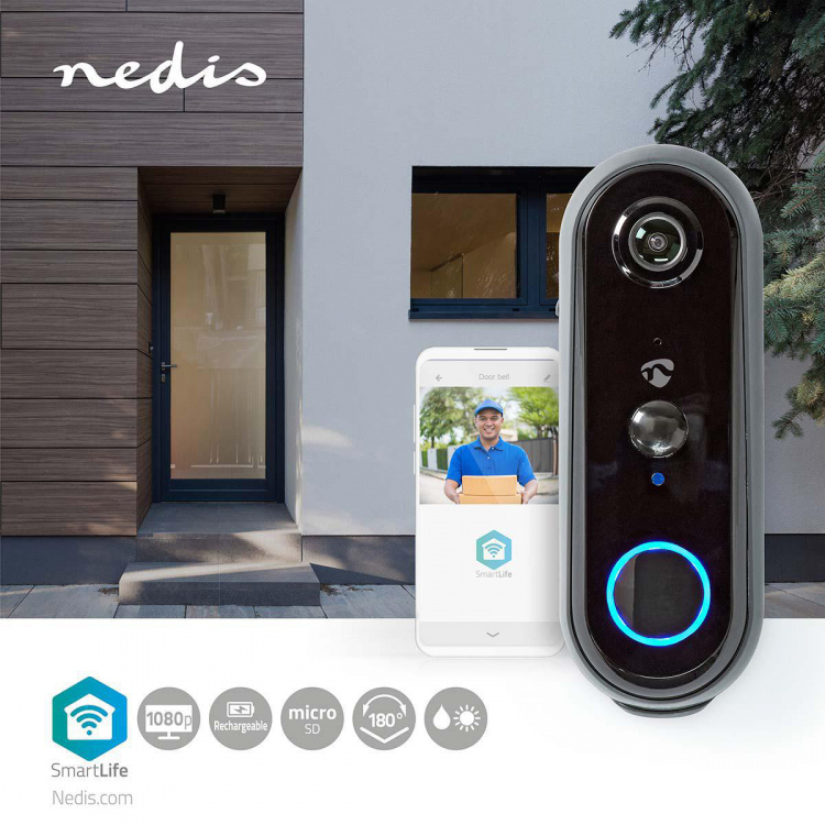 Nedis SmartLife Videodeurbel | Batterij Gevoed | Full HD 1080p | Cloud Opslag (optioneel) / microSD (niet inbegrepen) | IP54 | Met bewegingssensor | Nachtzicht | Grijs