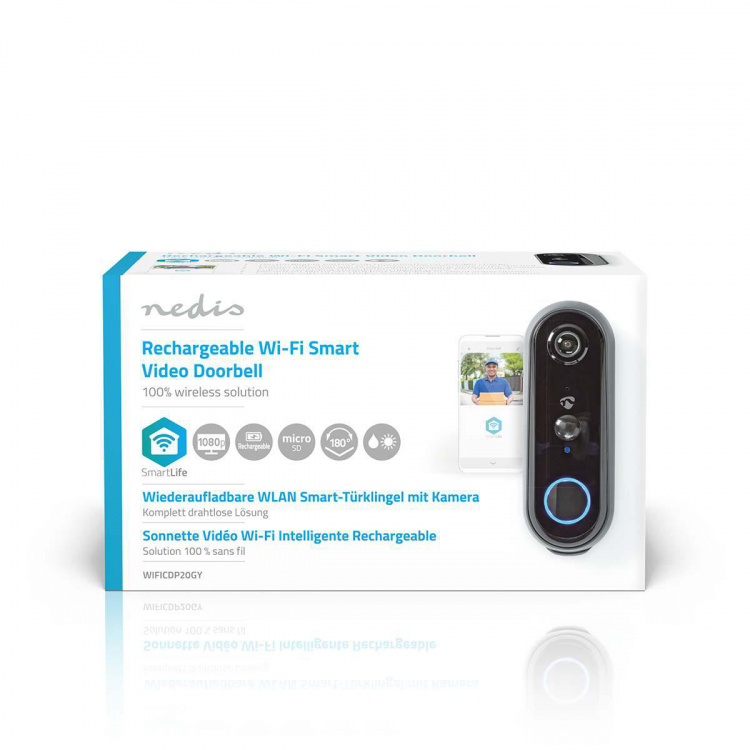 Nedis SmartLife Videodeurbel | Batterij Gevoed | Full HD 1080p | Cloud Opslag (optioneel) / microSD (niet inbegrepen) | IP54 | Met bewegingssensor | Nachtzicht | Grijs