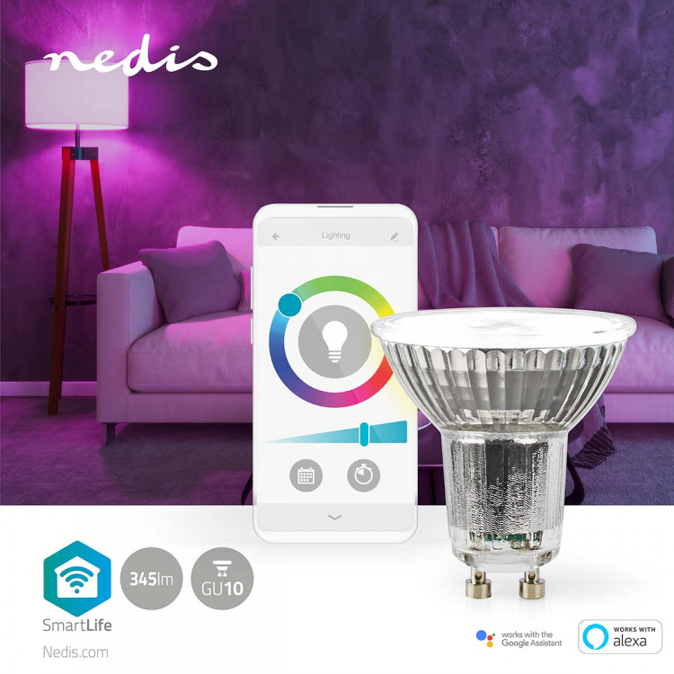 Nedis SmartLife LED Spot | Wi-Fi | GU10 | 345 lm | 5 W | RGB / Warm tot Koel Wit | 2700 - 6500 K | Energieklasse: G | Android™ / IOS | PAR16 | 1 Stuks Nedis SmartLife LED Spot | Wi-Fi | GU10 | 345 lm | 5 W | RGB / Warm tot Koel Wit | 2700 - 6500 K | Energieklasse: G | Android™ / IOS | PAR16 | 1 Stuks