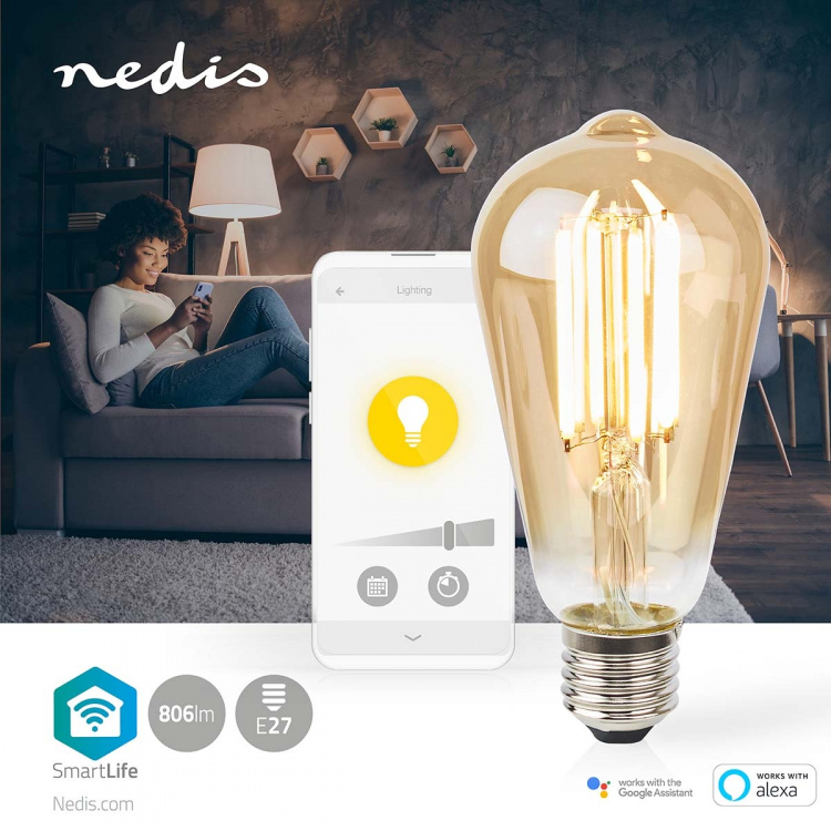 Nedis SmartLife LED Filamentlamp | E27 | 806 lm | 7 W | Warm Wit | 1800 - 3000 K | Glas | Android™ / IOS | ST64 | 1 Stuks