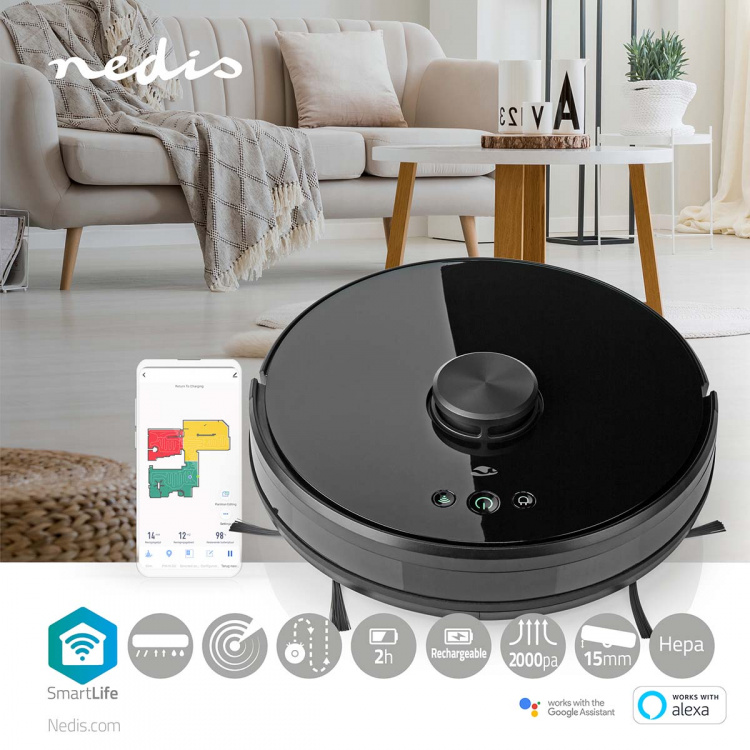 Nedis SmartLife Robotstofzuiger | Laser navigatie | Wi-Fi | Capaciteit opvangreservoir: 0.6 l | Automatisch opladen | Maximale gebruiksduur: 2 uur | Zwart | Android™ / IOS Nedis SmartLife Robotstofzuiger | Laser navigatie | Wi-Fi | Capaciteit opvangreservoir: 0.6 l | Automatisch opladen | Maximale gebruiksduur: 2 uur | Zwart | Android™ / IOS