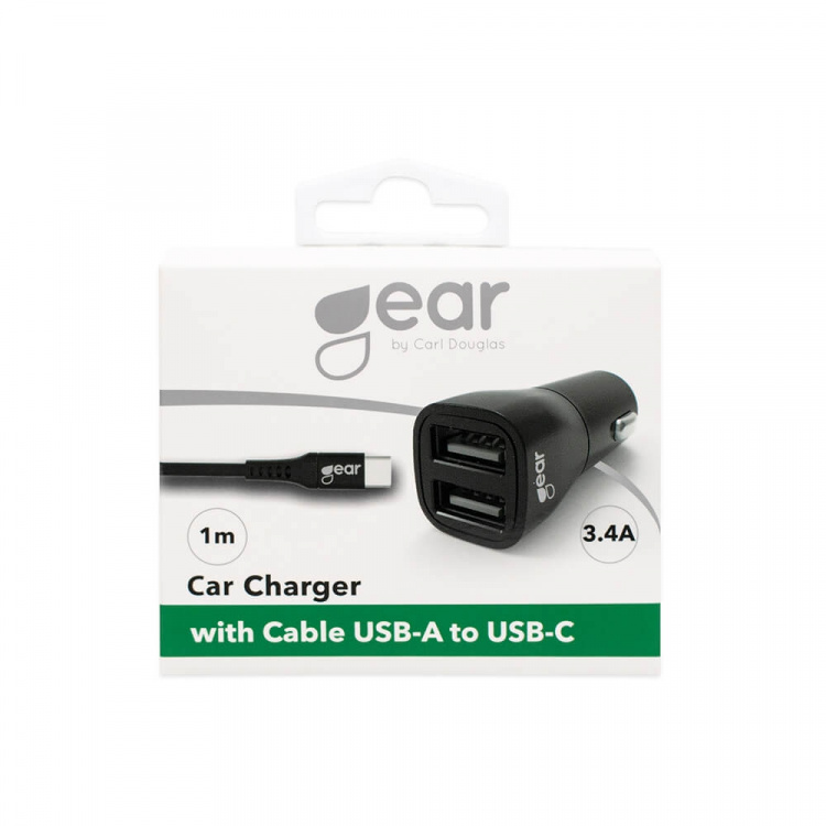 GEAR Charger 12-24V 2xUSB 3.4A Black USB-C 2.0 cable 1m GEAR Charger 12-24V 2xUSB 3.4A Black USB-C 2.0 cable 1m