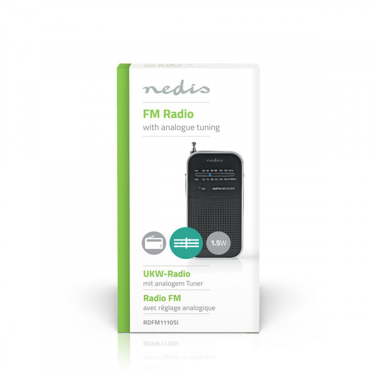 Nedis FM-Radio | Draagbaar Model | AM / FM | Batterij Gevoed | Analoog | 1.5 W | Zwart-Wit Scherm | Koptelefoonoutput | IP20 | Aluminium / Zwart