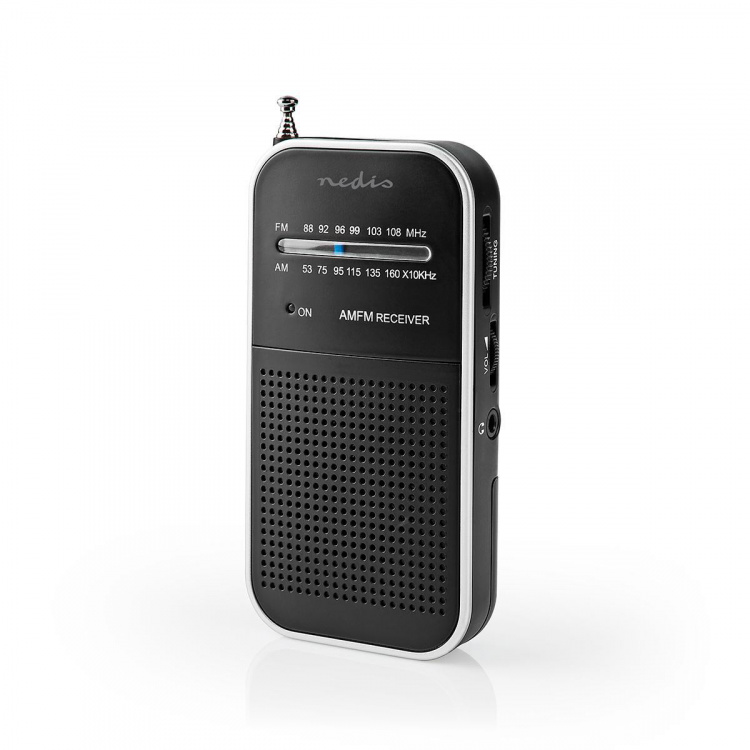Nedis FM-Radio | Draagbaar Model | AM / FM | Batterij Gevoed | Analoog | 1.5 W | Zwart-Wit Scherm | Koptelefoonoutput | IP20 | Aluminium / Zwart