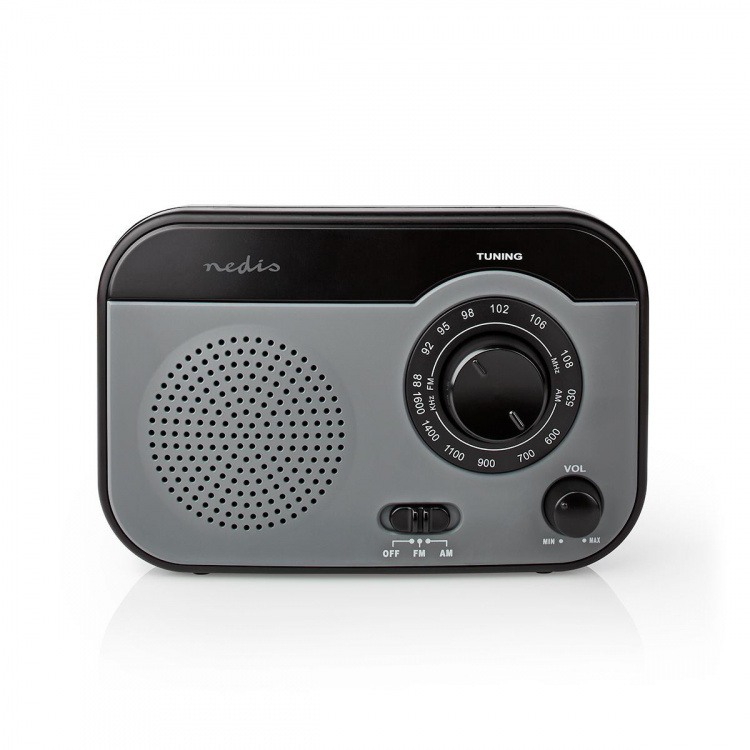 Nedis FM-Radio | Draagbaar Model | AM / FM | Batterij Gevoed / Netvoeding | Analoog | 1.8 W | Zwart-Wit Scherm | Koptelefoonoutput | Handgreep | Grijs / Zwart