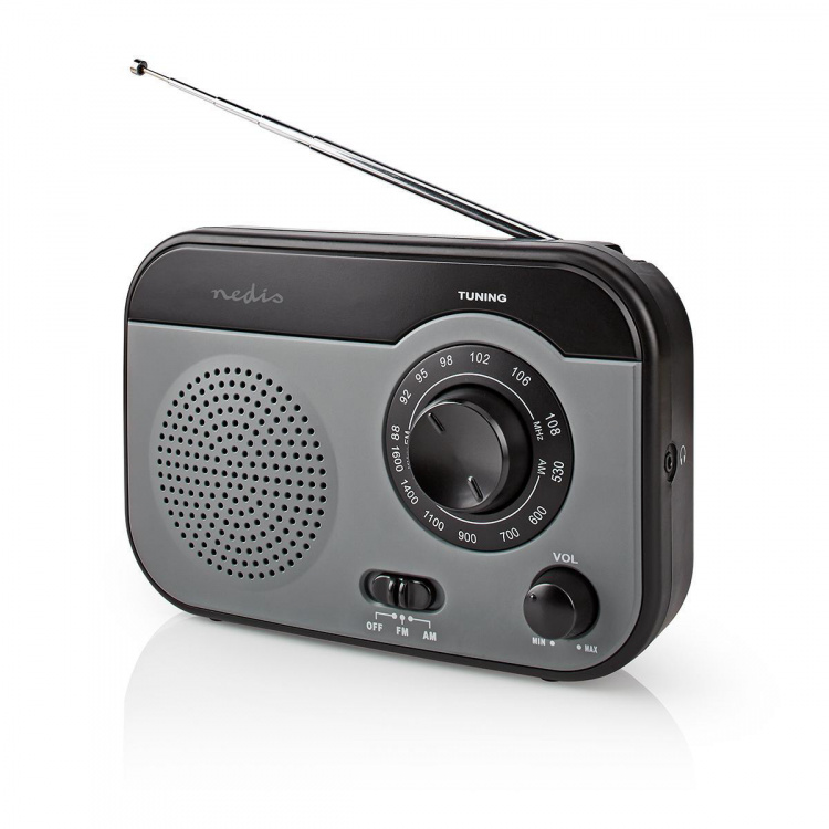 Nedis FM-Radio | Draagbaar Model | AM / FM | Batterij Gevoed / Netvoeding | Analoog | 1.8 W | Zwart-Wit Scherm | Koptelefoonoutput | Handgreep | Grijs / Zwart