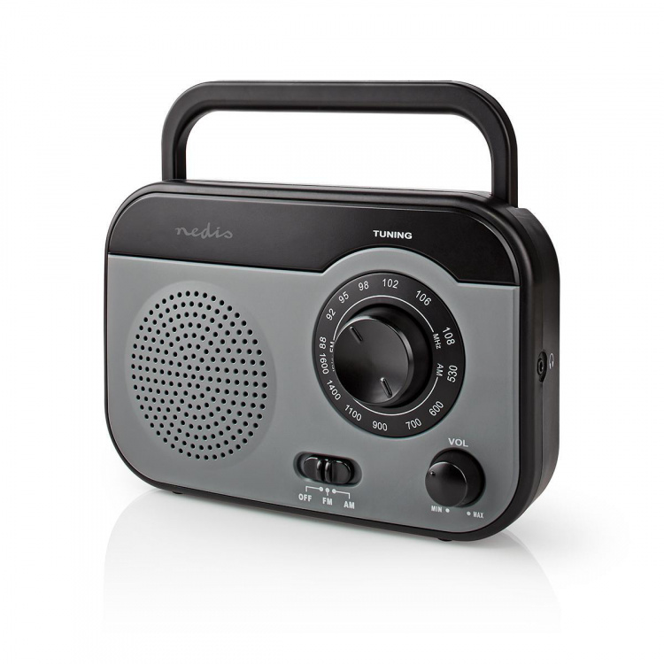 Nedis FM-Radio | Draagbaar Model | AM / FM | Batterij Gevoed / Netvoeding | Analoog | 1.8 W | Zwart-Wit Scherm | Koptelefoonoutput | Handgreep | Grijs / Zwart