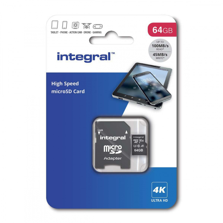 INTEGRAL 64 GB High Speed microSDHC/XC V30 UHS-I U3-geheugenkaart