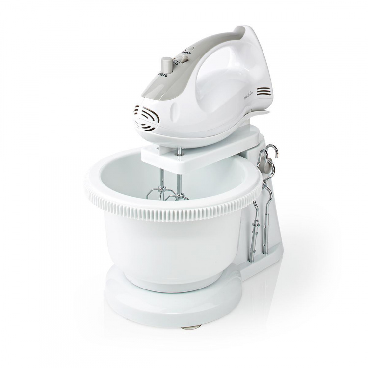 Nedis Handmixer | 200 W | 5-Snelheden | Turbo-functie | Draaikom / 2 Deeghaken / 2 Kloppers | Grijs / Wit