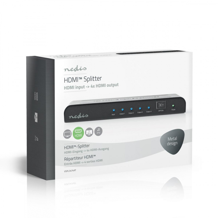 Nedis HDMI™-Splitter | 4-Poorts poort(en) | 4x HDMI™ Output | 4K@60Hz | 18 Gbps | Metaal | Antraciet