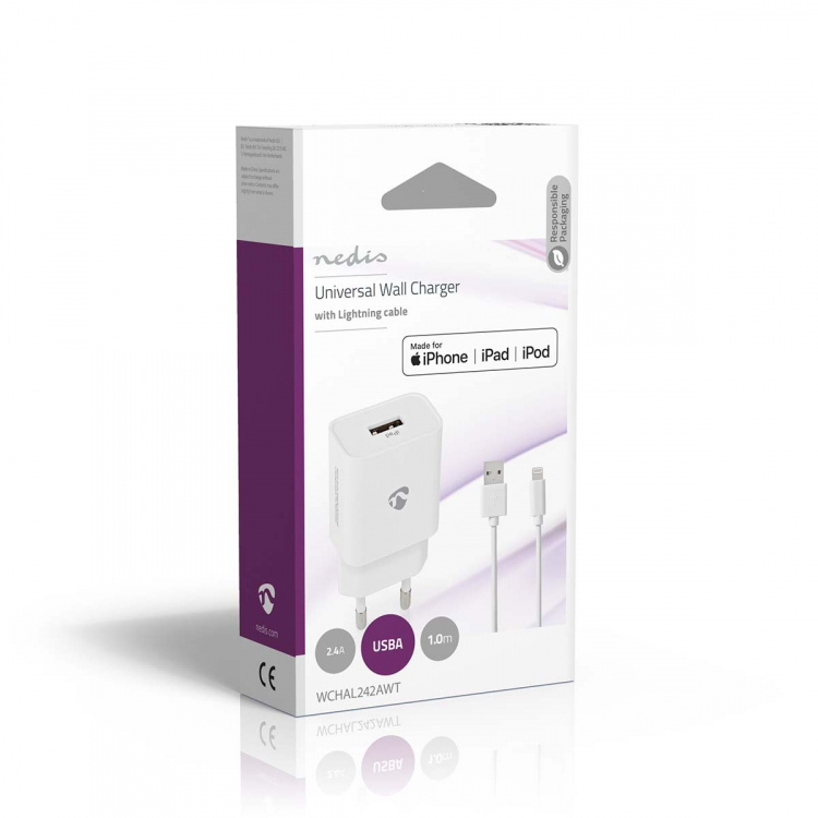 Nedis Oplader | 12 W | Snellaad functie | 1x 2.4 A | Outputs: 1 | USB-A | Lightning 8-Pins (Los) Kabel | 1.00 m | Single Voltage Output | Wit