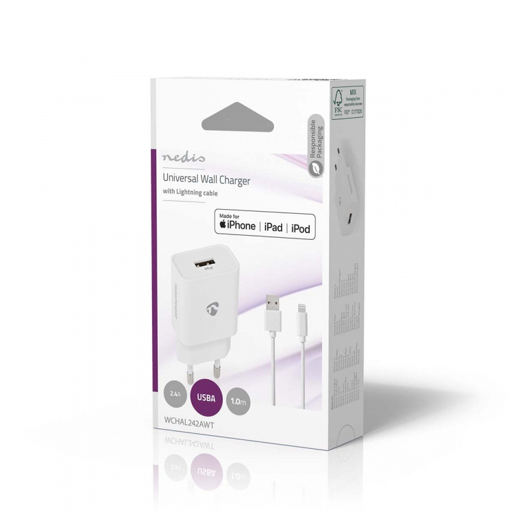 Nedis Oplader | 12 W | Snellaad functie | 1x 2.4 A | Outputs: 1 | USB-A | Lightning 8-Pins (Los) Kabel | 1.00 m | Single Voltage Output | Wit