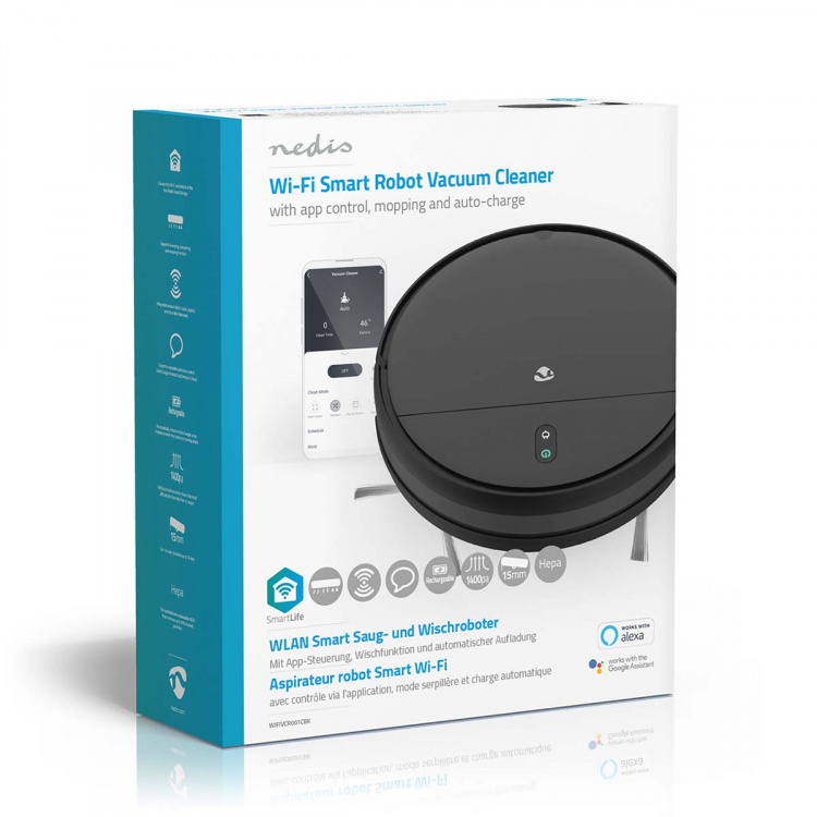 Nedis SmartLife Robotstofzuiger | Willekeurig | Wi-Fi | Capaciteit opvangreservoir: 0.2 l | Automatisch opladen | Maximale gebruiksduur: 1.8 uur | Zwart | Android™ / IOS Nedis SmartLife Robotstofzuiger | Willekeurig | Wi-Fi | Capaciteit opvangreservoir: 0.2 l | Automatisch opladen | Maximale gebruiksduur: 1.8 uur | Zwart | Android™ / IOS